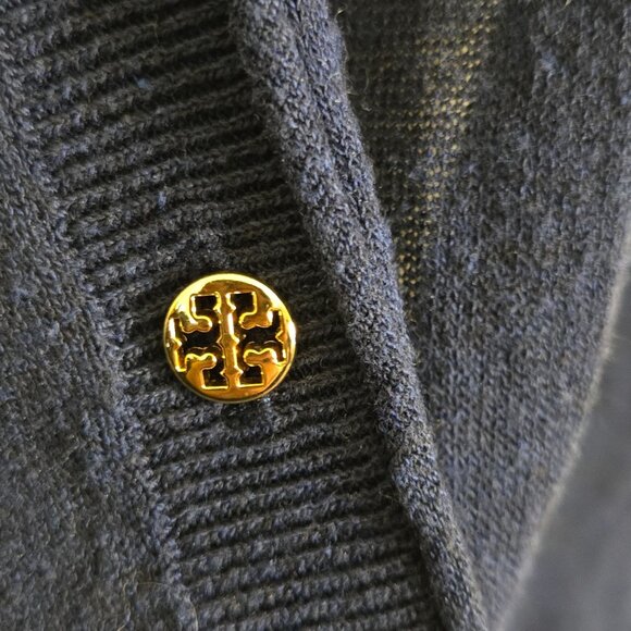 Tory Burch Jacet Peacock Silk Back Logo Button Pocket Cardigan Sweater Size L - Picture 5 of 10